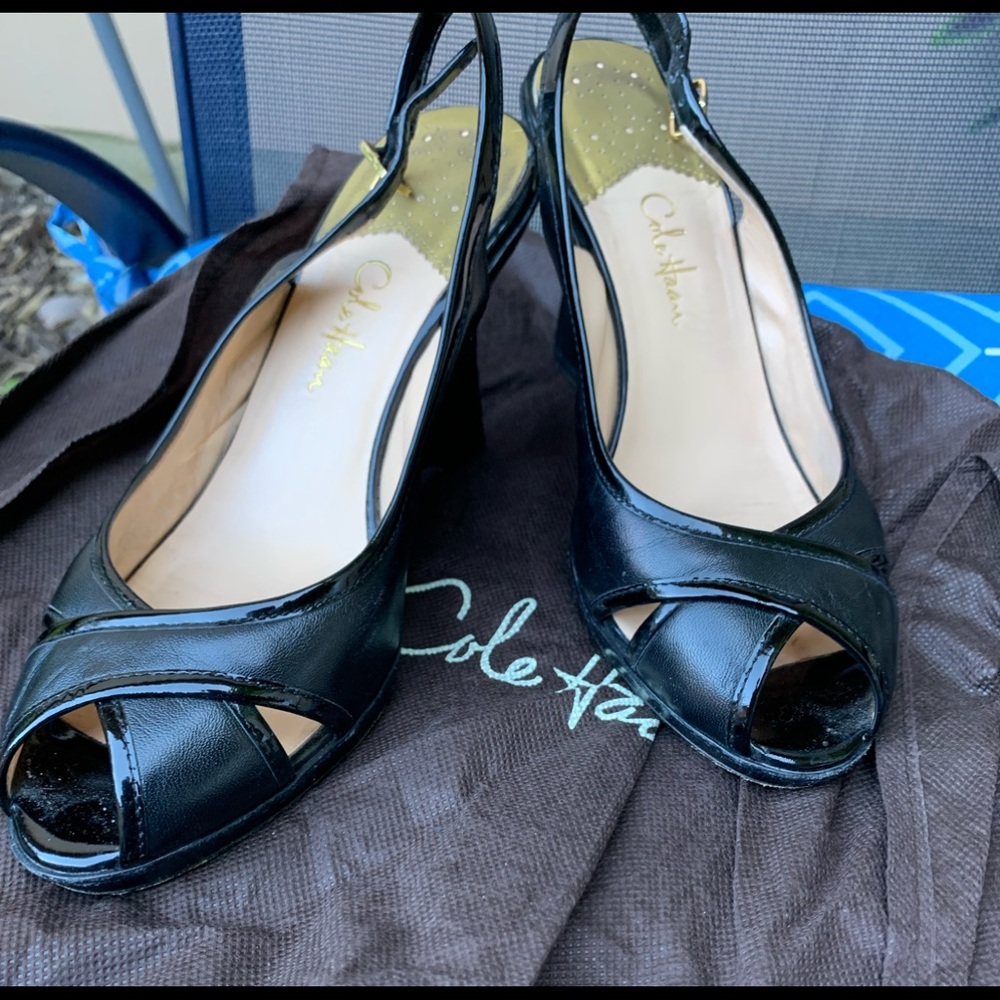 Cole Haan black leather & Patent peep 7.5 wedge